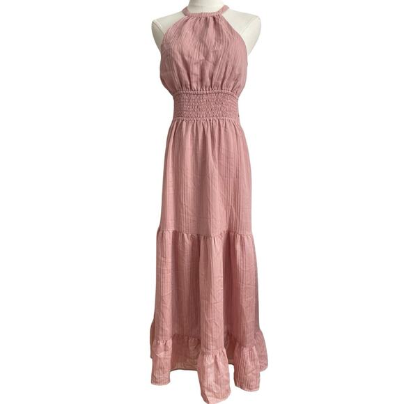 Express Tiered Ruffle Dress S Pink Smocked Empire Waist Halter Fairy Soft Pastel - Picture 3 of 10